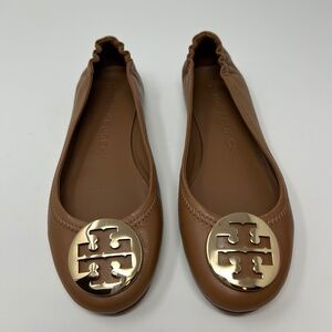 Tory Burch Minnie Leather Travel Ballet Flats in Royal Tan/Gold Size 7.5 Preppy!